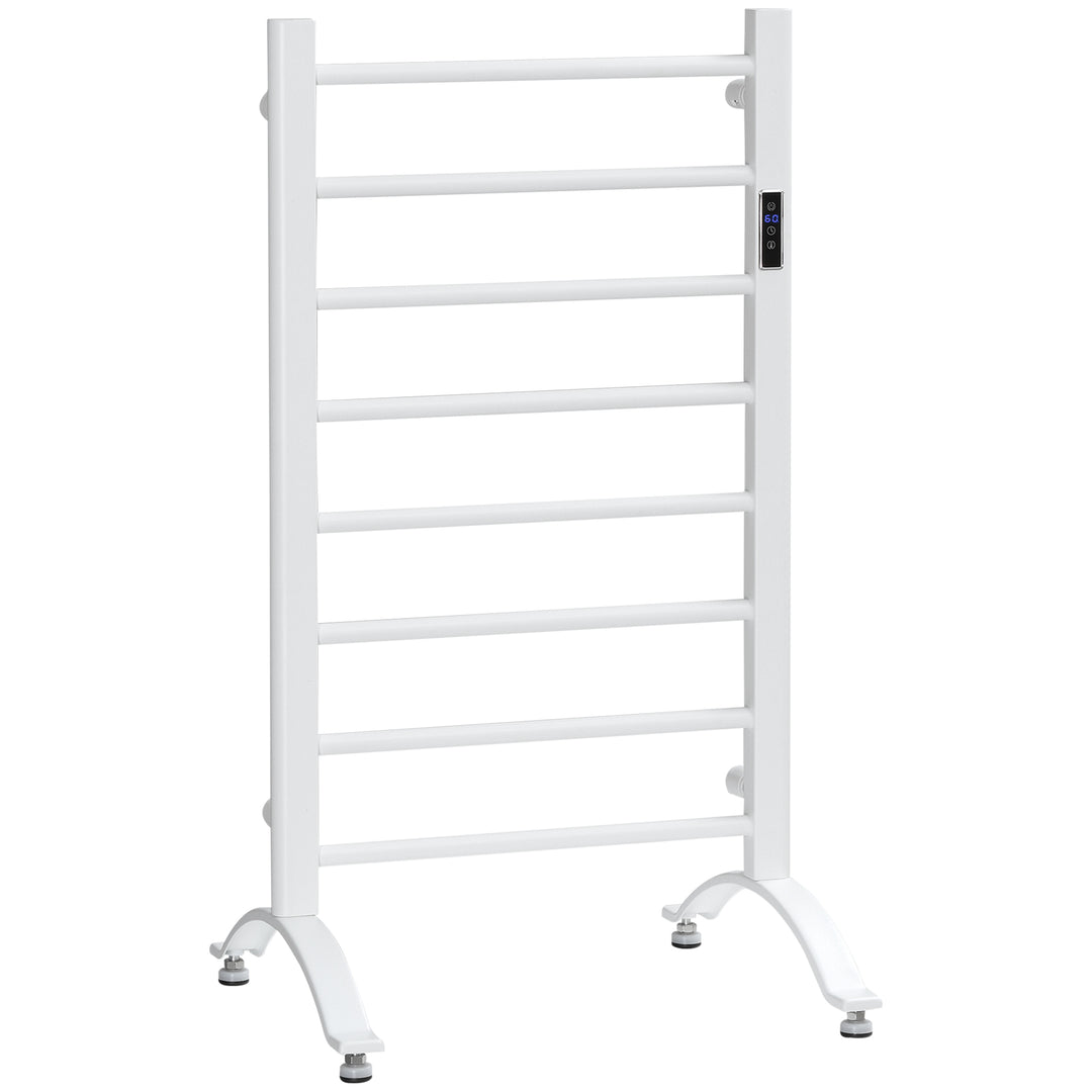 HOMCOM 8-Bar Heated Towel Warmer Rack with Built-in Timer and LED Indicators, Wall Mounted & Free Standing Carbon Steel Electric Towel Bar with Adjustable Temperature, White
