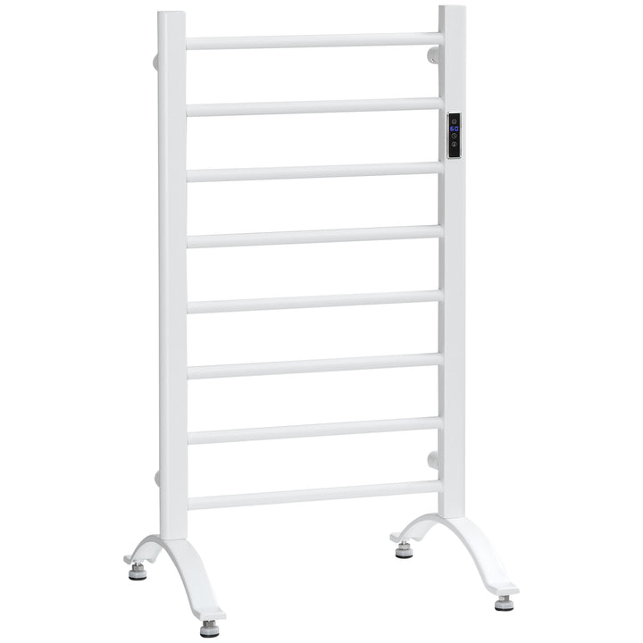 HOMCOM 8-Bar Heated Towel Warmer Rack with Built-in Timer and LED Indicators, Wall Mounted & Free Standing Carbon Steel Electric Towel Bar with Adjustable Temperature, White