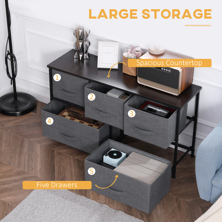 HOMCOM Linen Drawer Cabinet Organizer Storage Dresser Tower with 5 Removable Drawer Metal Frame Adjustable Feet for Living Room, Kitchen, Bathroom, Dark Grey