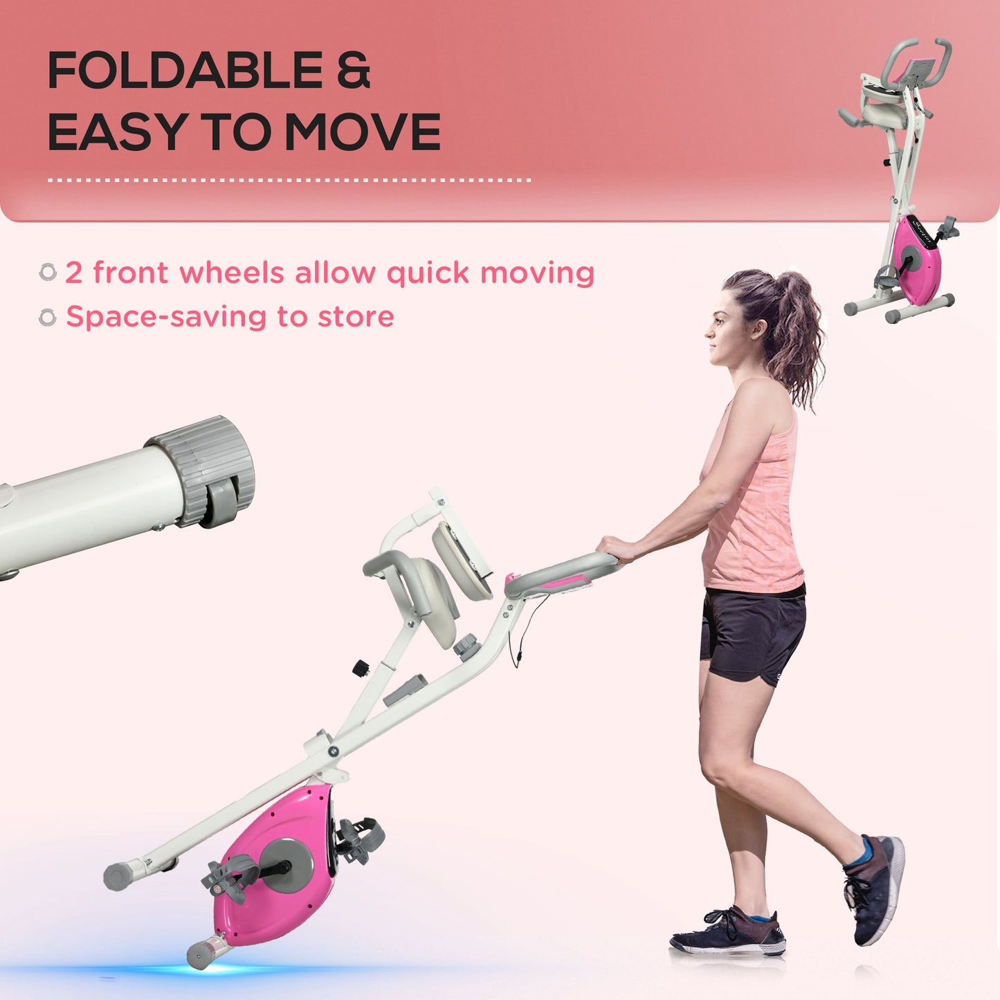 Soozier Foldable Magnetic Exercise Bike Indoor Stationary Upright Fitness Cycling Bike, 8 Level Quiet Magnetic Resistance, Pink