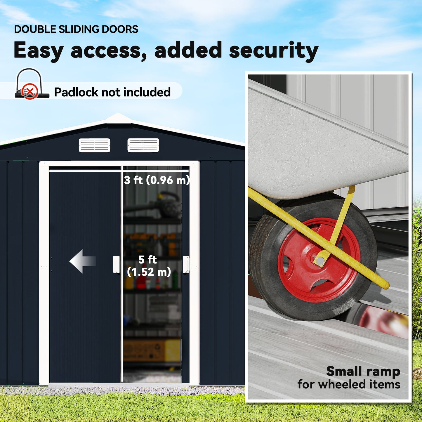 Outsunny 9.1'x6.4'x6.3' Garden Storage Shed w/ Floor Foundation Metal Tool Storage House w/ Double Doors Dark Grey Yellow