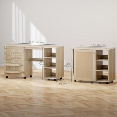 HOMCOM Sewing Machine Table with Drop Leaf, Folding Craft Table Rattan Door and Storage Shelves for Small Spaces, Natural