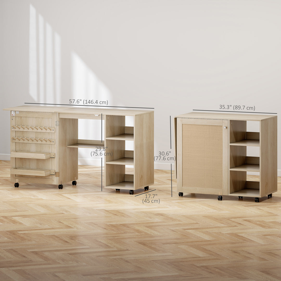HOMCOM Sewing Machine Table with Drop Leaf, Folding Craft Table Rattan Door and Storage Shelves for Small Spaces, Natural