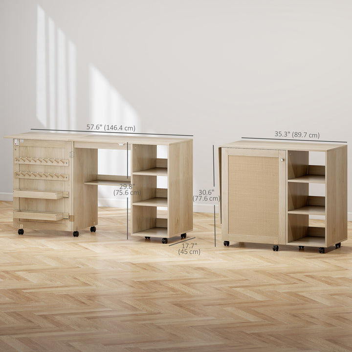 HOMCOM Sewing Machine Table with Drop Leaf, Folding Craft Table Rattan Door and Storage Shelves for Small Spaces, Natural