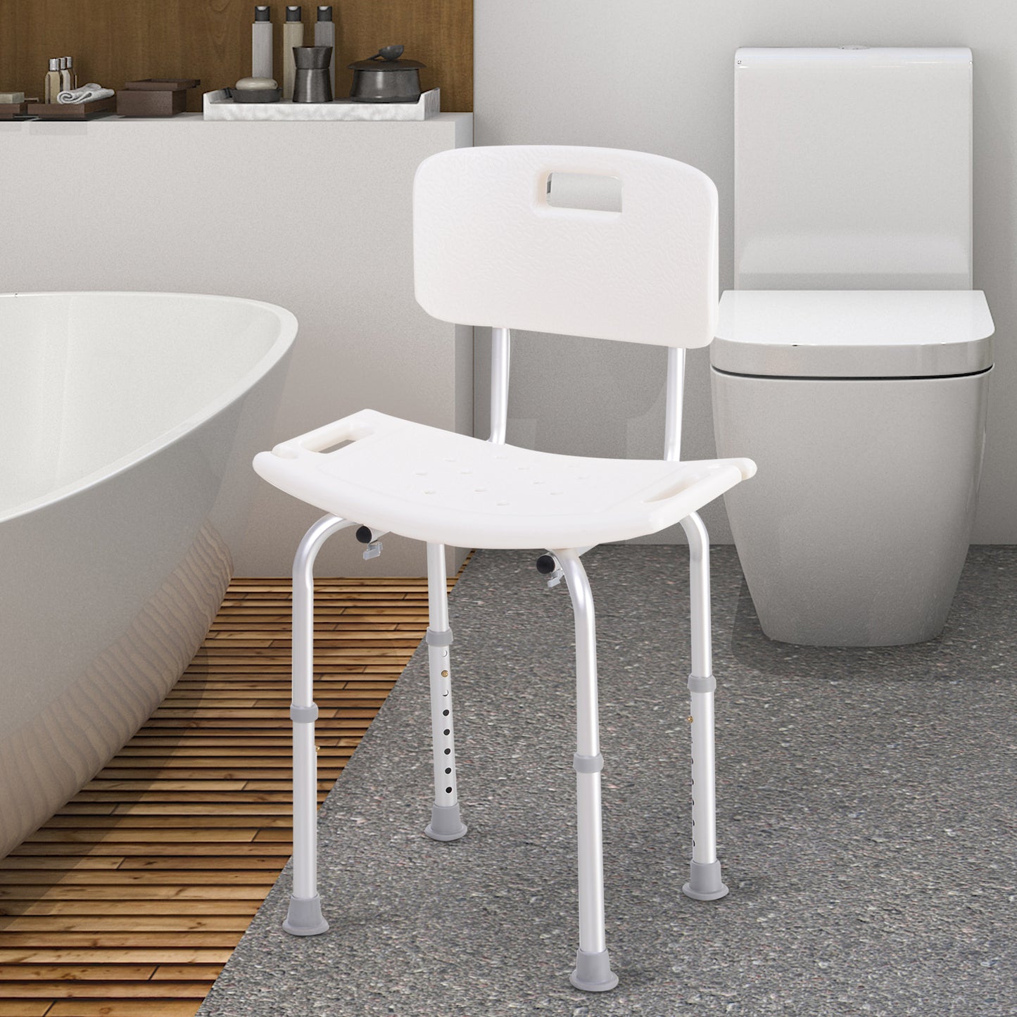 HOMCOM Bath Chair with Back, Adjustable Height Non-slip Shower Stool Bench Tool-Free Assembly Bathroom Aids, White