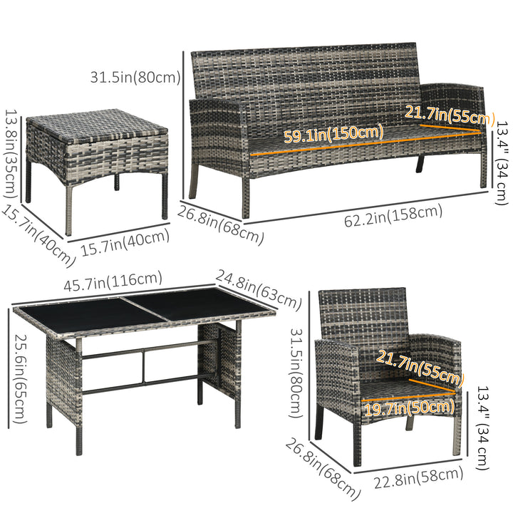 Outsunny 6 Piece Patio Furniture Set with Patio Chairs, Ottomans, Sofa, Glass Top Table and Cushions, Wicker Rattan Outdoor Furniture Set for Backyard, Porch, Grey