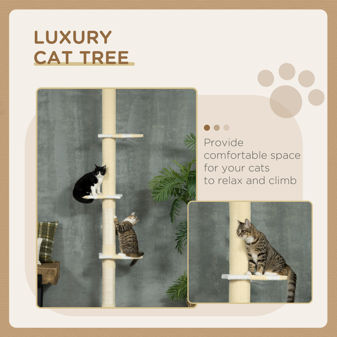 PawHut 87"-102" Floor to Ceiling Cat Tree w/ Sisal Scratching Posts, Anti-tip Kit, Perches, Toy Ball, Yellow