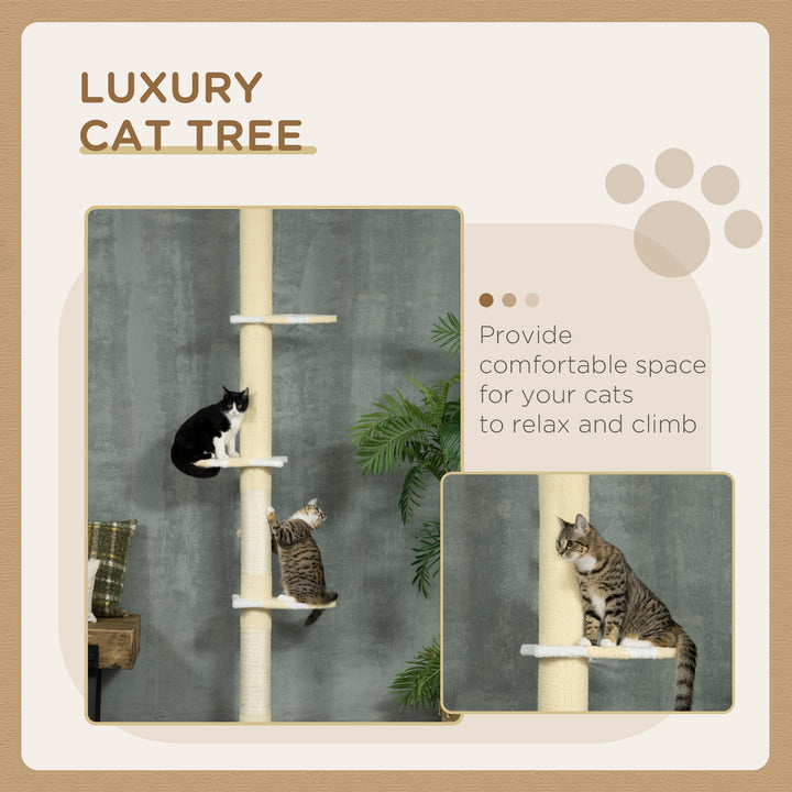 PawHut 87"-102" Floor to Ceiling Cat Tree w/ Sisal Scratching Posts, Anti-tip Kit, Perches, Toy Ball, Yellow