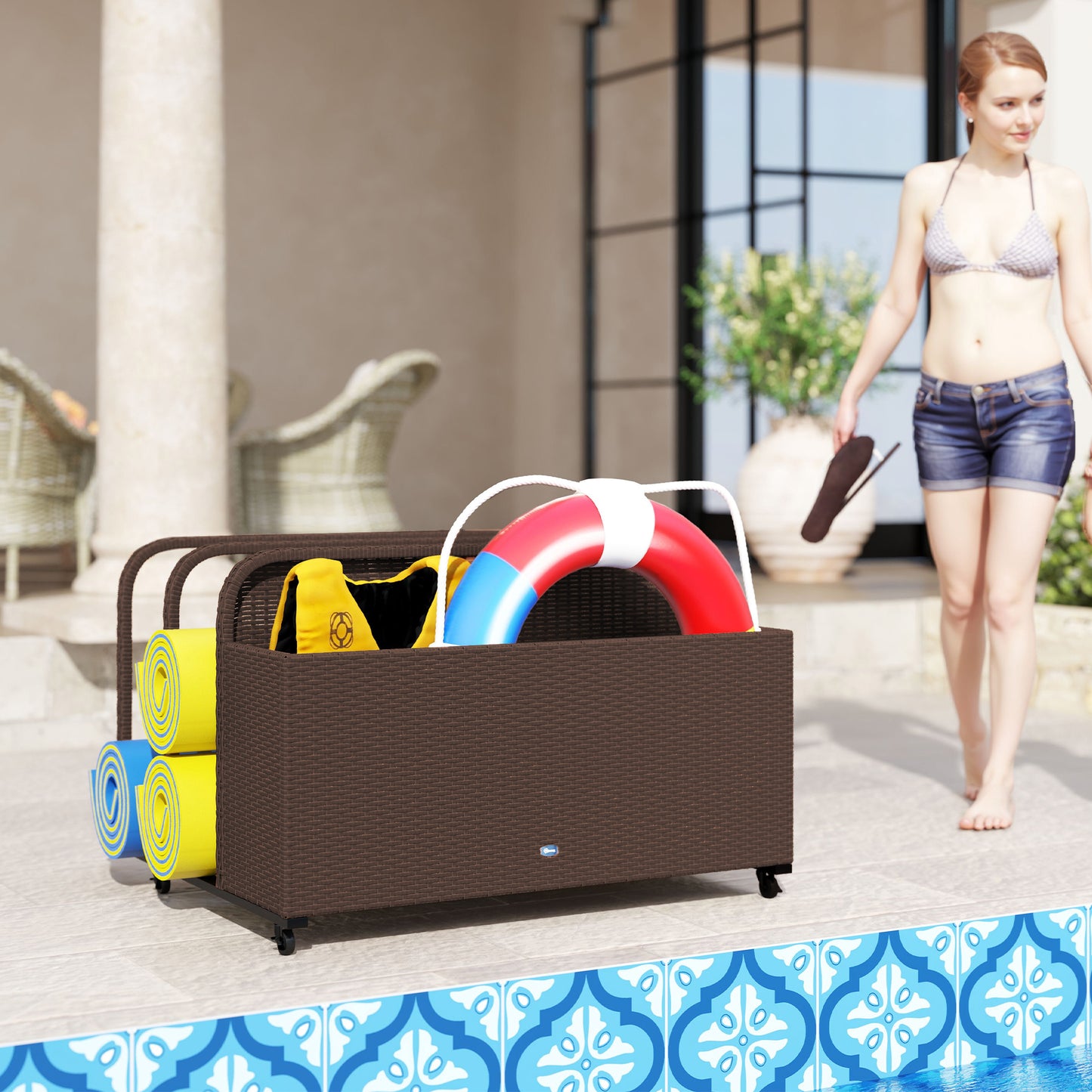 Outsunny Rolling Pool Storage Rattan Patio Furniture Outdoor Storage Wicker Organizer for Floats, Paddles, Balls, Towels, Brown