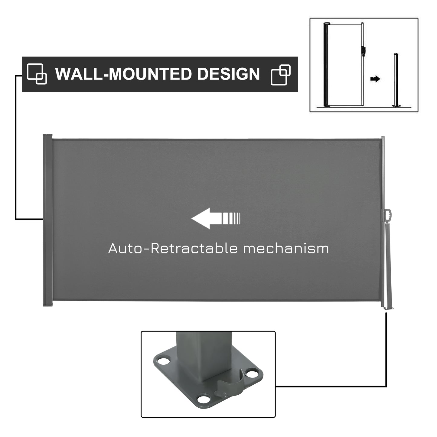 Outsunny 118" x 63" Retractable Side Awning Patio Outdoor Folding Privacy Screen with Resistance to UV Rays & Wind, Grey