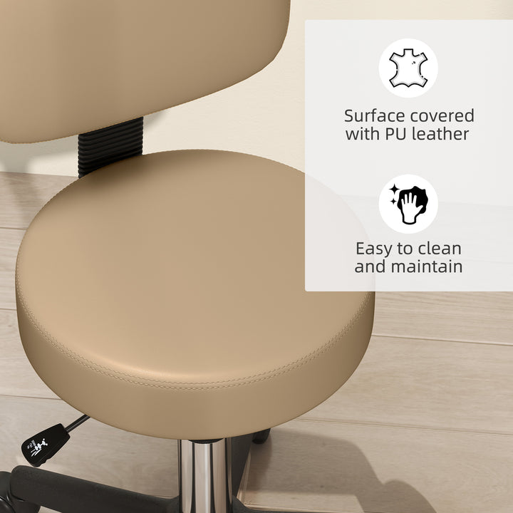 HOMCOM Adjustable Rolling Stool with Back, PU Leather Round Swivel Drafting Stool with Wheels for Kitchen, Salon Spa, Bar, Home Office, Massage, White