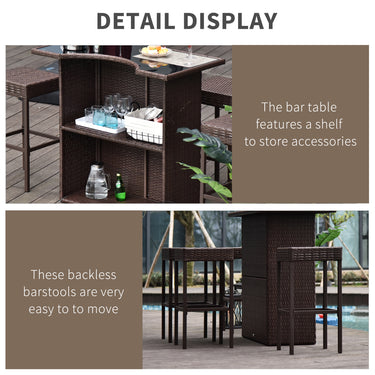 Outsunny 5 Pieces Patio Bar Set, Outdoor PE Rattan Wicker High Top Outdoor Table and Chairs Outdoor Bar Set with Tempered Glass Top Bar Table and Shelves, 4 Bar Chairs, Dark Brown