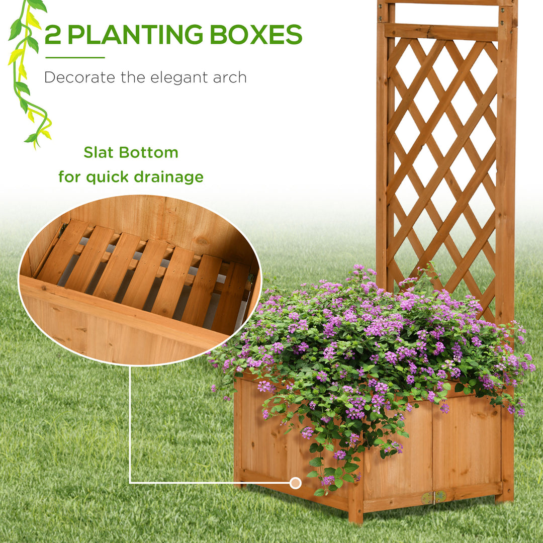 Outsunny 7.7FT Garden Arch with 2 Foldable Planter Boxes, Outdoor Wooden Trellis Arbor for Ceremony Party Weddings, Brown