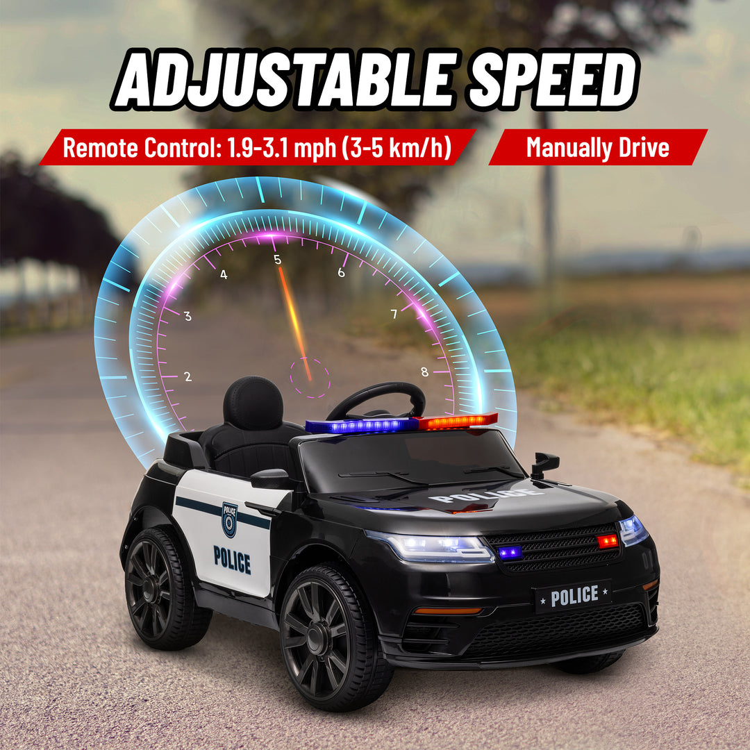 Qaba 12V Kids Electric Police Car w/ Remote Control, Spring Suspension, Transport Wheel, Siren, Music, Light, Horn, Black