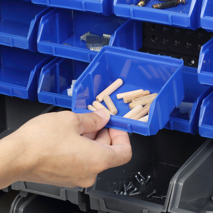 DURHAND Wall Mounted Storage Bin Rack Tool Organizer with 30 Bins, Pegboard for Garage Workshops Red