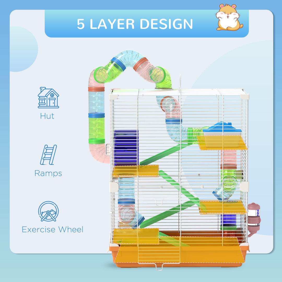 PawHut 5 Tiers Hamster Cage Portable with Exercise Wheels Play Tube Water Bottle Dishes House Ladder for Gerbils, Light Blue