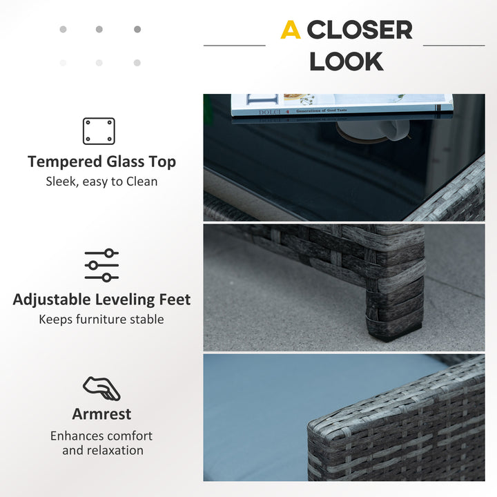 Outsunny 4 Pieces Patio Furniture Set with Cushions, Outdoor PE Rattan Wicker Conversation Garden Sofa Set with 2-Seater Chairs & Glass Coffee Table, Grey