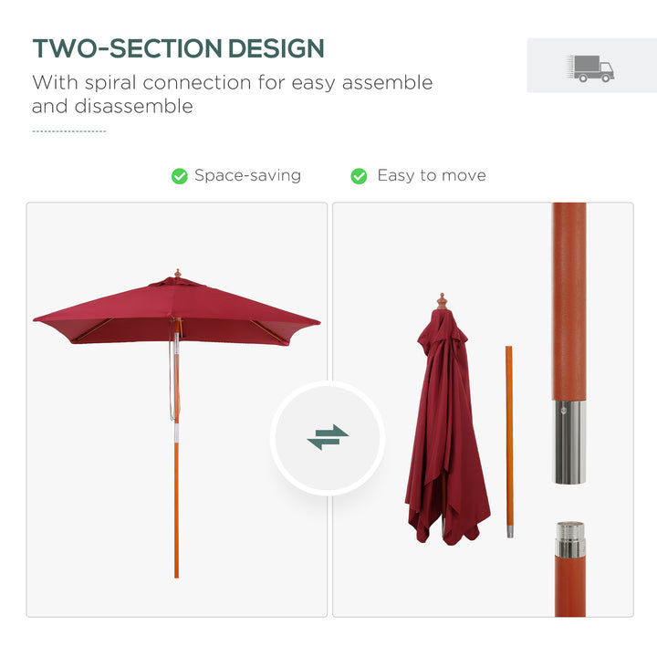 Outsunny 6.6x5ft Square Market Parasol, Wooden Patio Umbrella with Tilt Mechanism and 6 Bamboo Ribs, Garden Sunshade, Wine Red