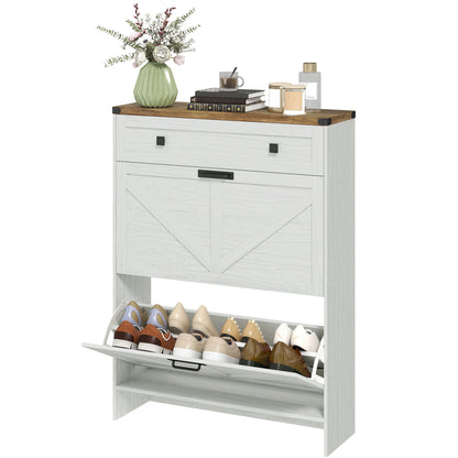 HOMCOM Narrow Shoe Storage Cabinet, Farmhouse Shoe Cabinet with 2 Flip Drawers, 1 Drawer, 12 Pairs for Entryway, White