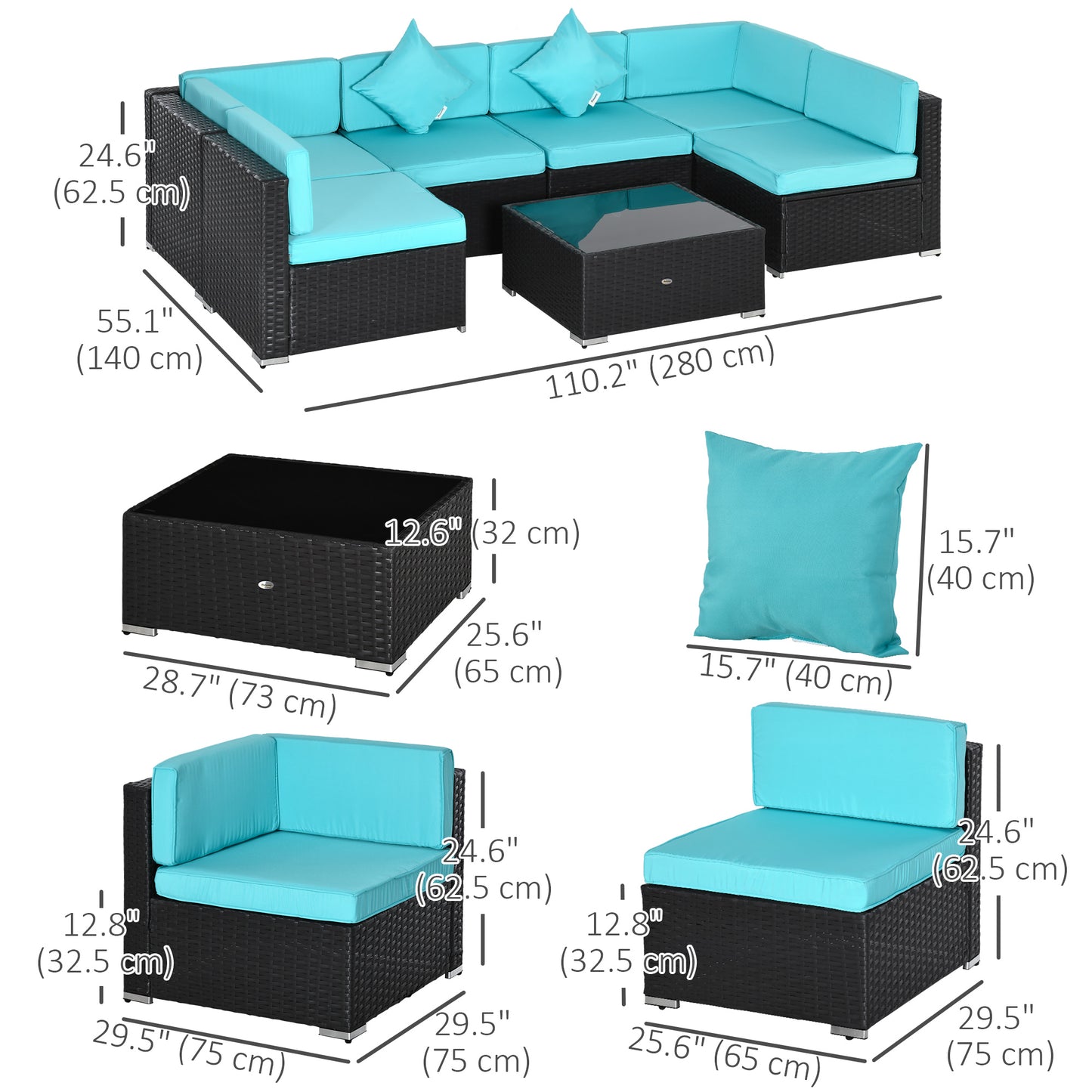 Outsunny 7 Pieces Outdoor Rattan Furniture Set, Patio Wicker Sectional Conversation Sofa Set, Blue