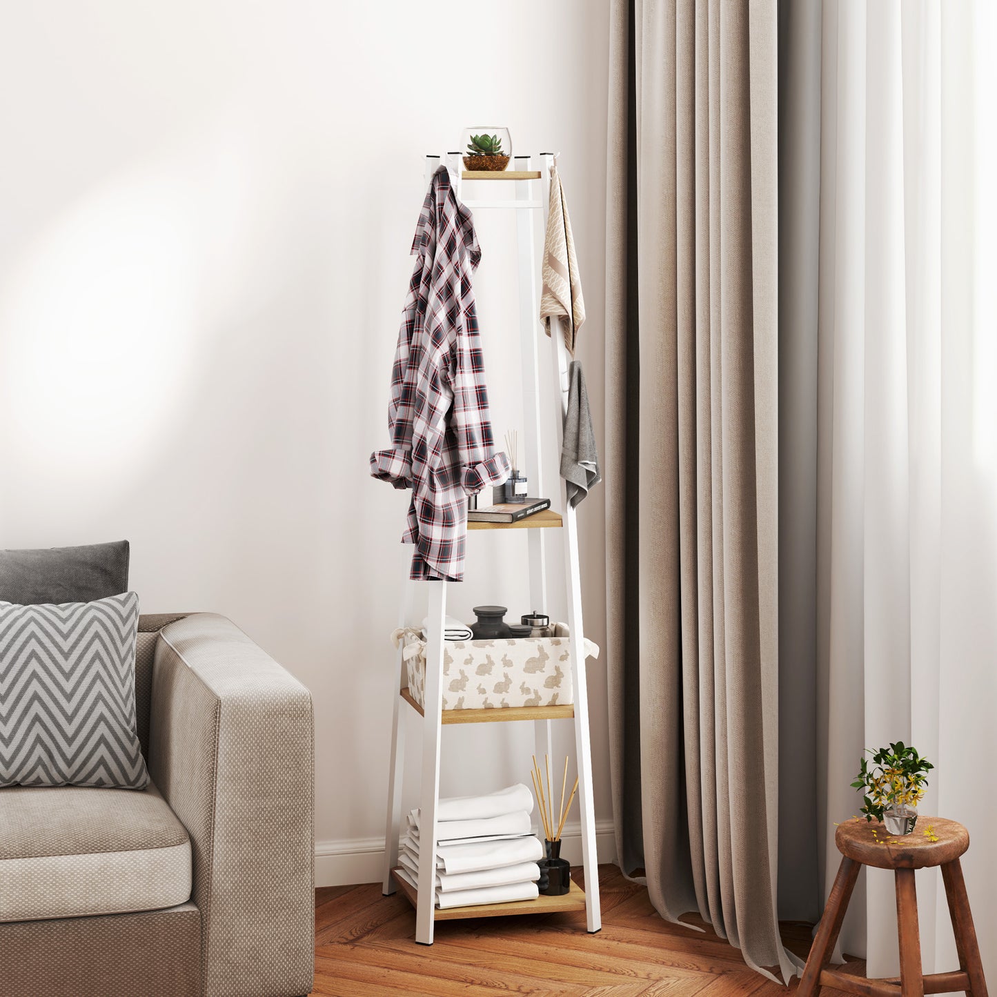 HOMCOM Clothes Rack with Storage, Garment Rack with 8 Hooks and 3-Tier Shelf, Clothes Stand for Bedroom, Entryway, Oak