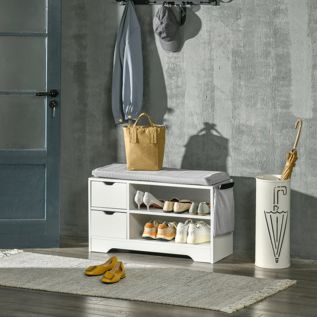 HOMCOM Upholstered Shoe Storage Bench w/ Seat, Entrance Bench w/ Drawer Open Shelves and Pocket for Hallway, White