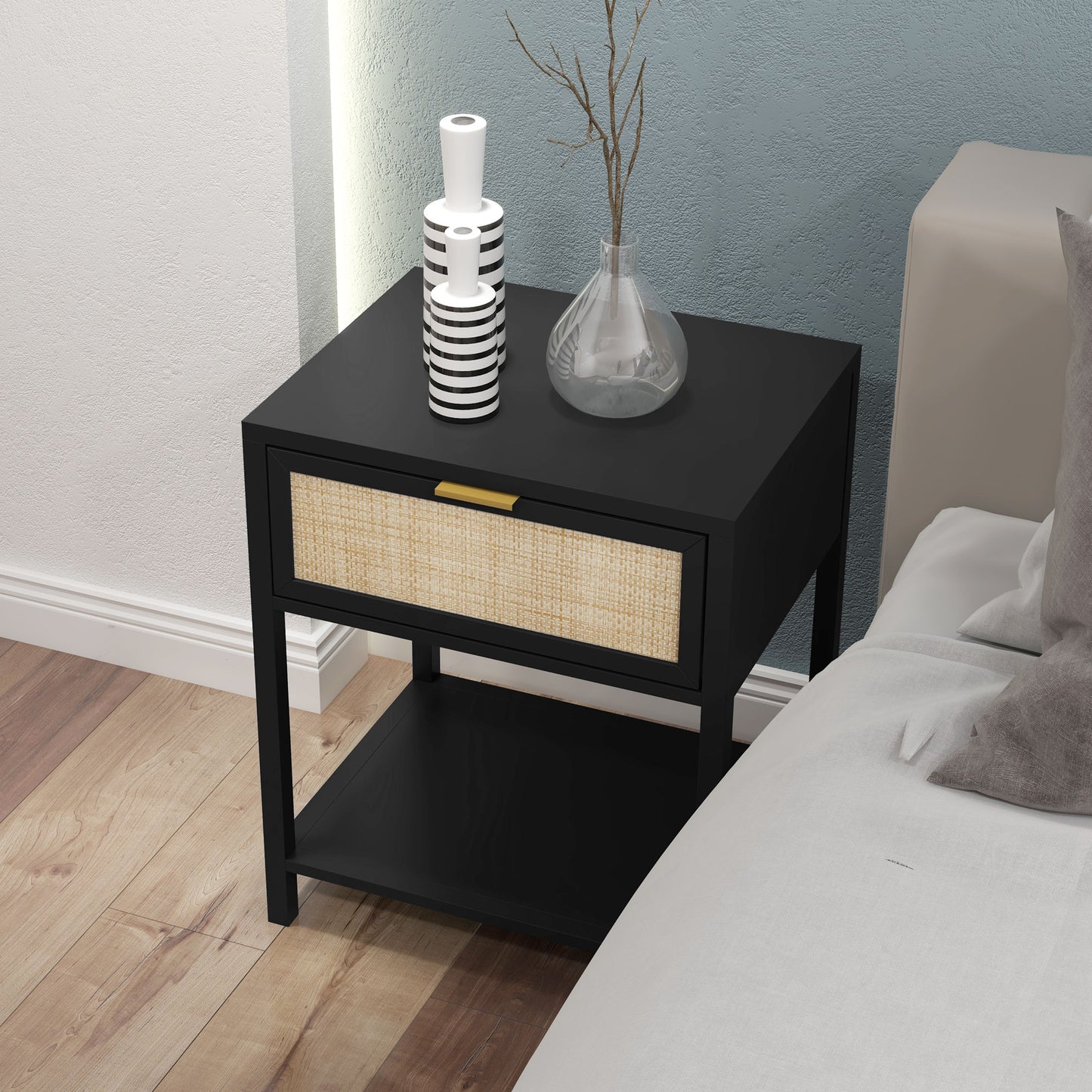 HOMCOM Boho Nightstand, Bedside Table with Rattan Drawer and Open Shelf, Side End Table for Bedroom, Living Room
