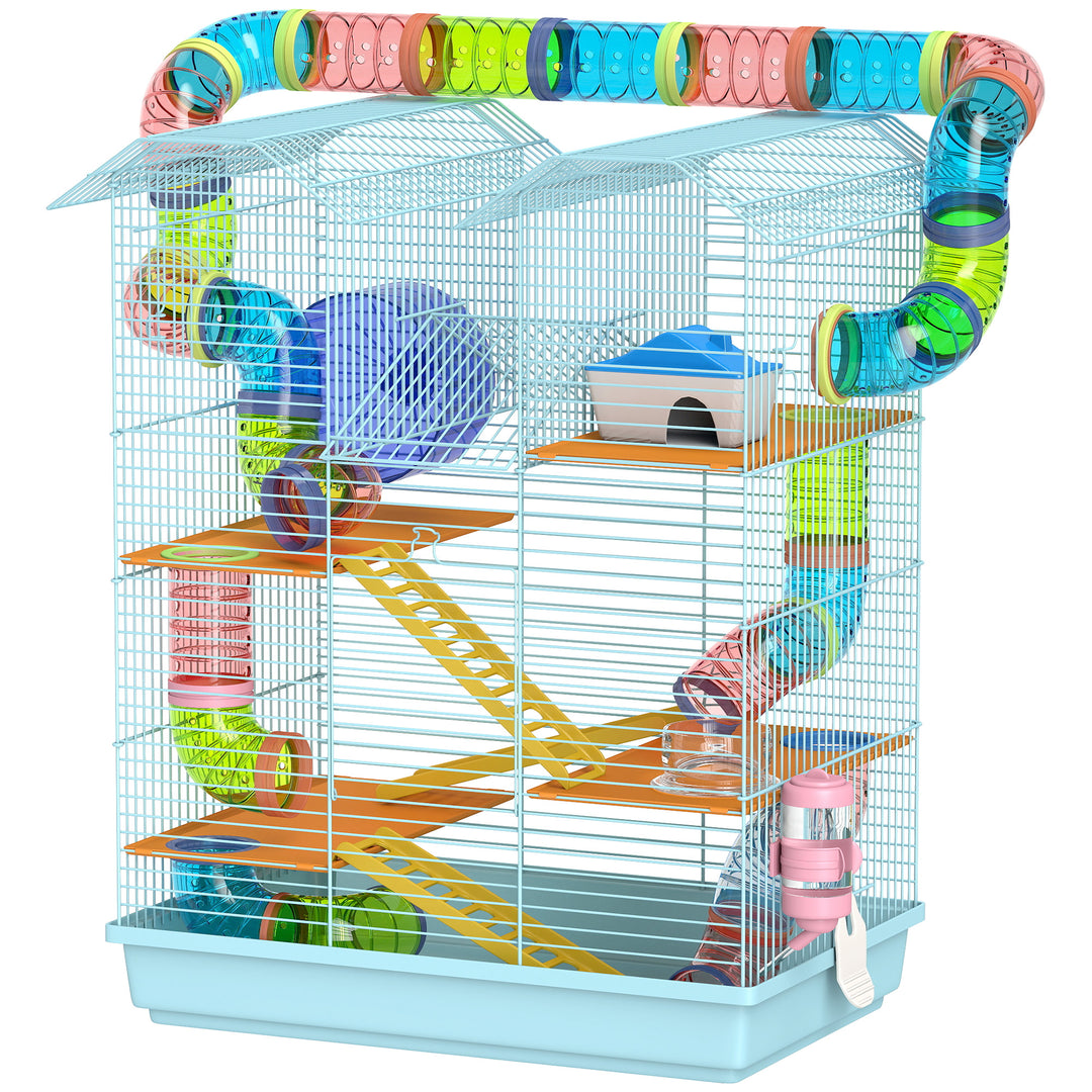 PawHut 18.5" Hamster Cage, 5 Tiers Small Animal House with Tunnel Tube System, Exercise Wheel, Water Bottle, Blue