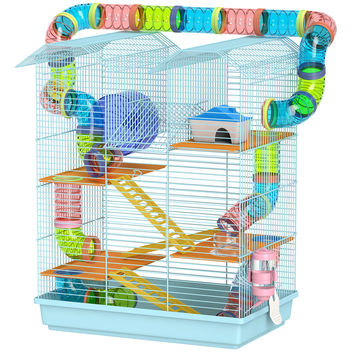 PawHut 18.5" Hamster Cage, 5 Tiers Small Animal House with Tunnel Tube System, Exercise Wheel, Water Bottle, Blue
