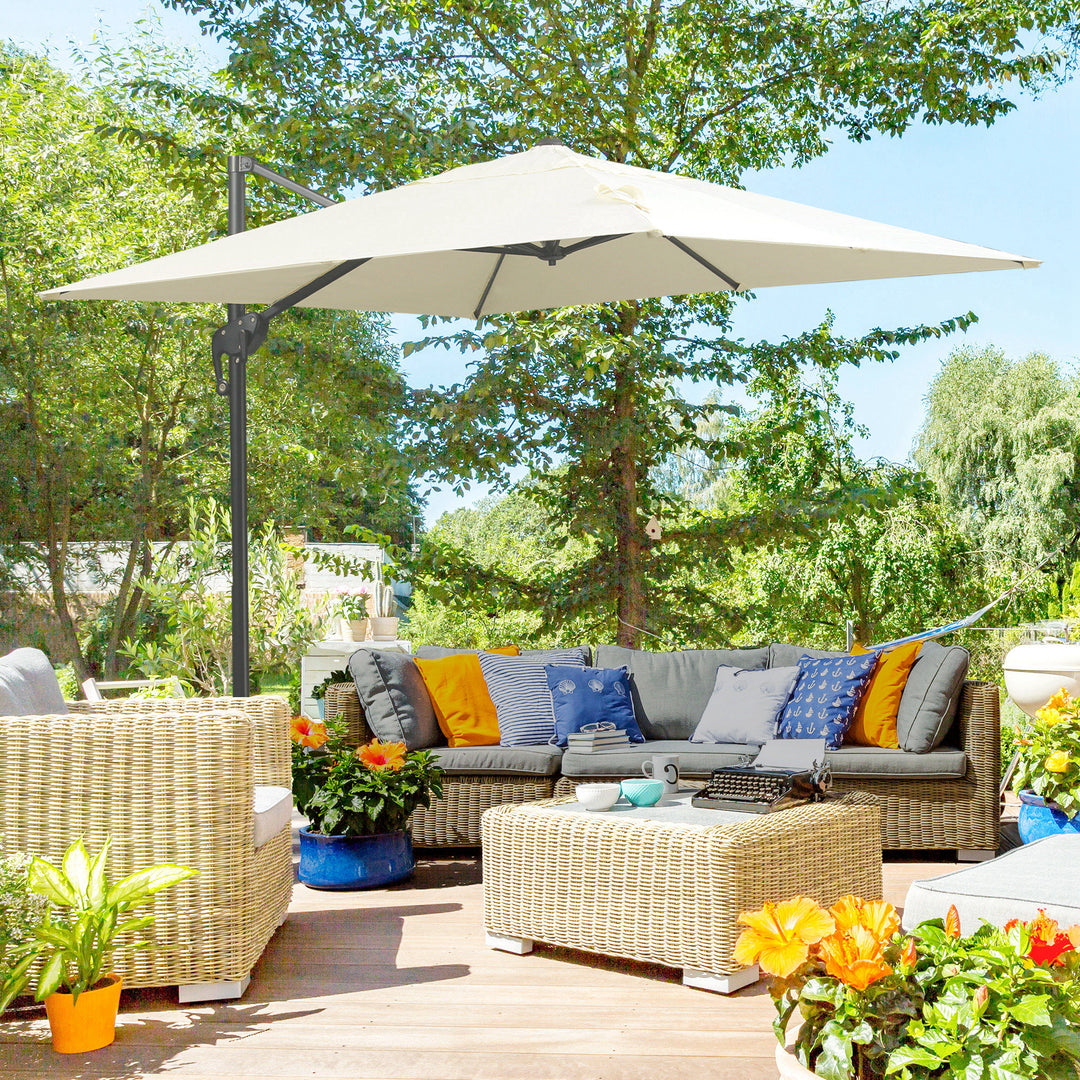 Outsunny 8'x8' Square Patio Hanging Offset Umbrella, Outdoor Cantilever Parasol w/ Cross Base, Cream White