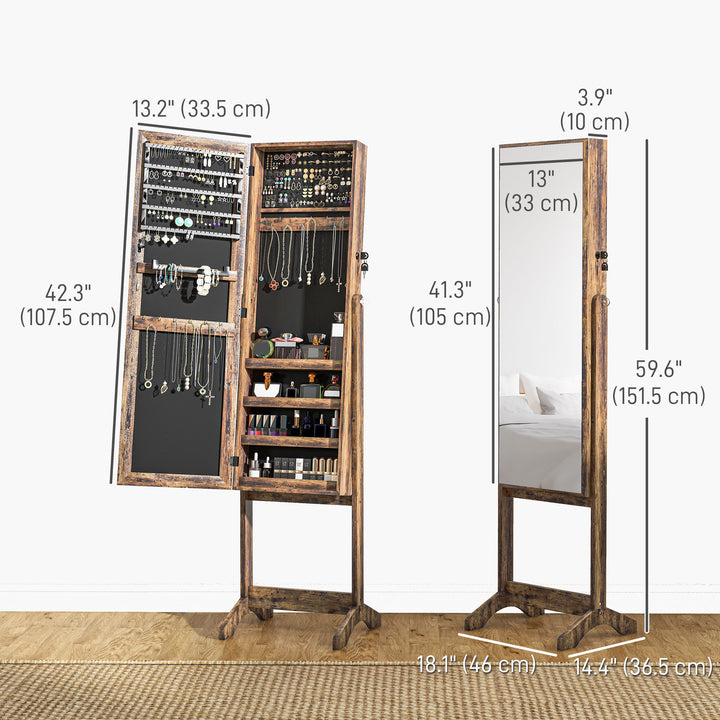 HOMCOM Mirror Jewelry Cabinet Armoire, Lockable Jewelry Organizer with Full-Length Mirror, 3 Angle Adjustable, Grey