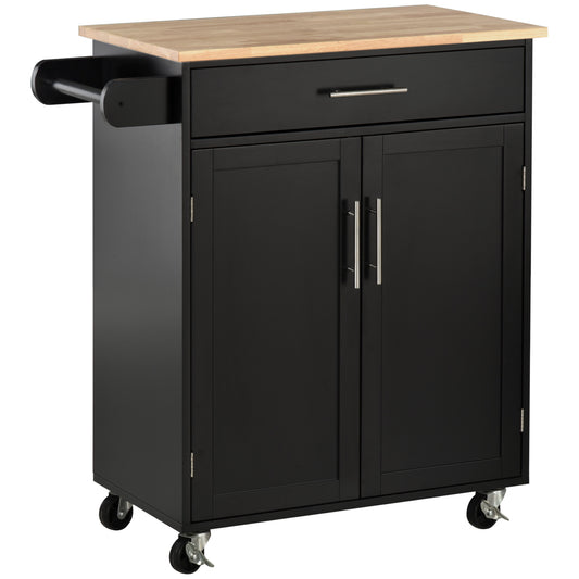 HOMCOM Rolling Kitchen Island Cart with Wood Top, Enough Storage Drawer Space with Towel Bar Rack Shelves, Portable Kitchen Utility Serving Cart Trolley on Wheels, Black