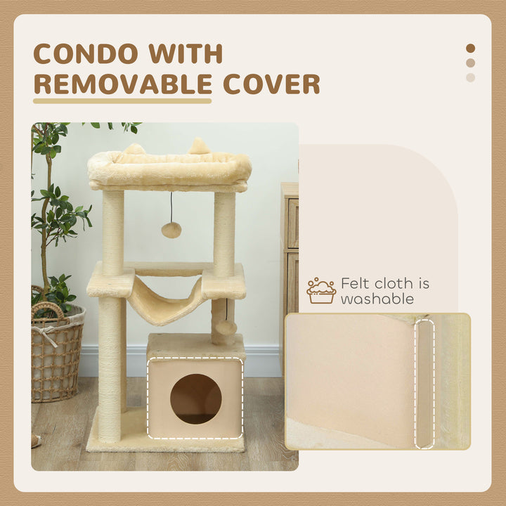 PawHut 39.25'' Cat Tree Tower Multi-Level Kitten House with Scratching Post Condo Hammock Bed Ball Toy - Grey