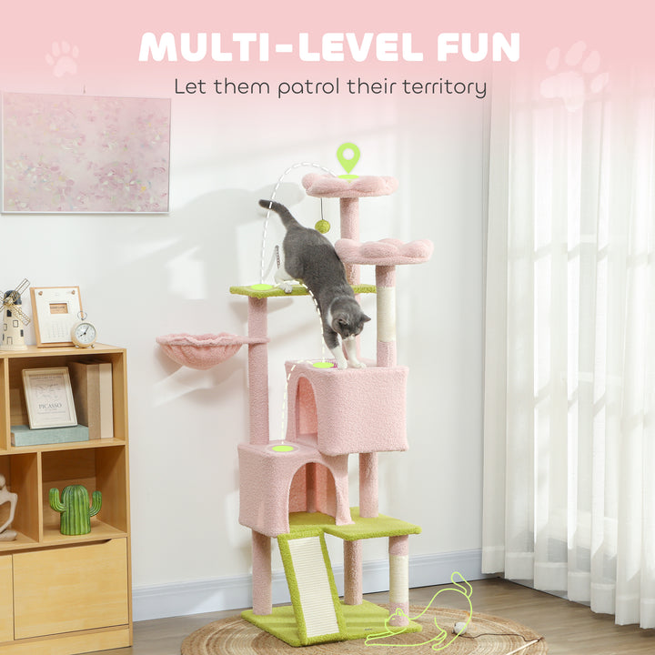 PawHut Flower Cat Tree with Sisal Scratching Posts, Multi-Level Cat Tower, Pink