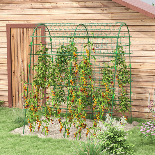 Outsunny Arched Garden Trellis w/ Climbing Net Metal Cucumber Plant Trellis A-Frame for Climbing Plants 57" x 66" x 81"