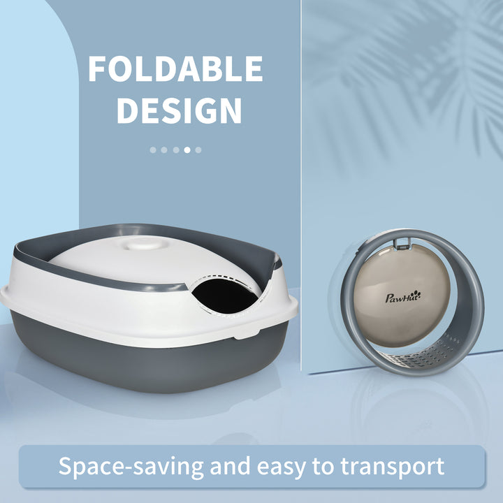 PawHut Foldable Large Cat Litter Box with Lid, Covered Kitten Litter Box w/ Automatic Cat Litter-Proof Sides, Deodorization, Easy to Clean, White and Grey