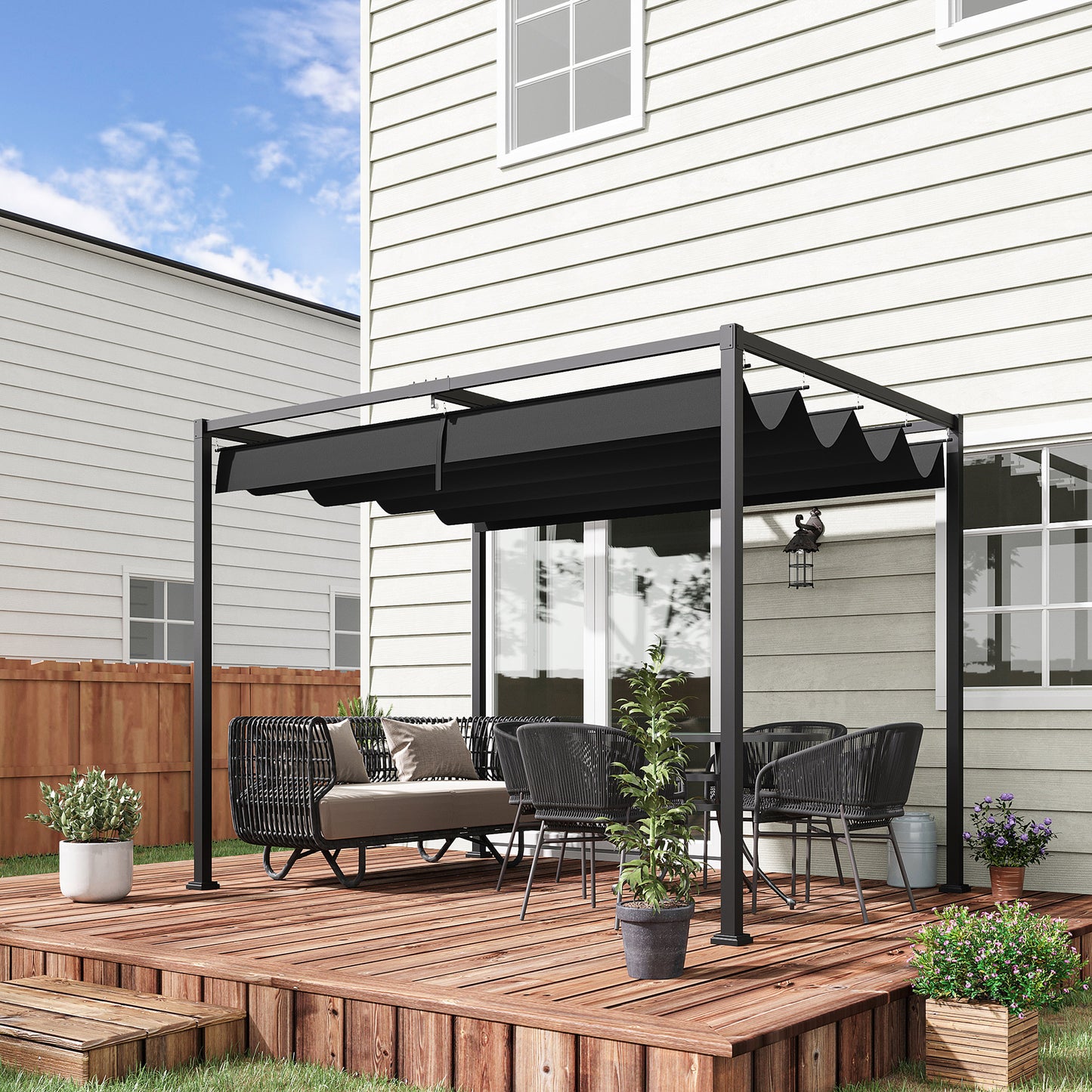 Outsunny 10x7ft Pergola with Retractable Roof Outdoor Patio Sun Shelter Garden Grape Tent Water-resistant Yard Shade Grey