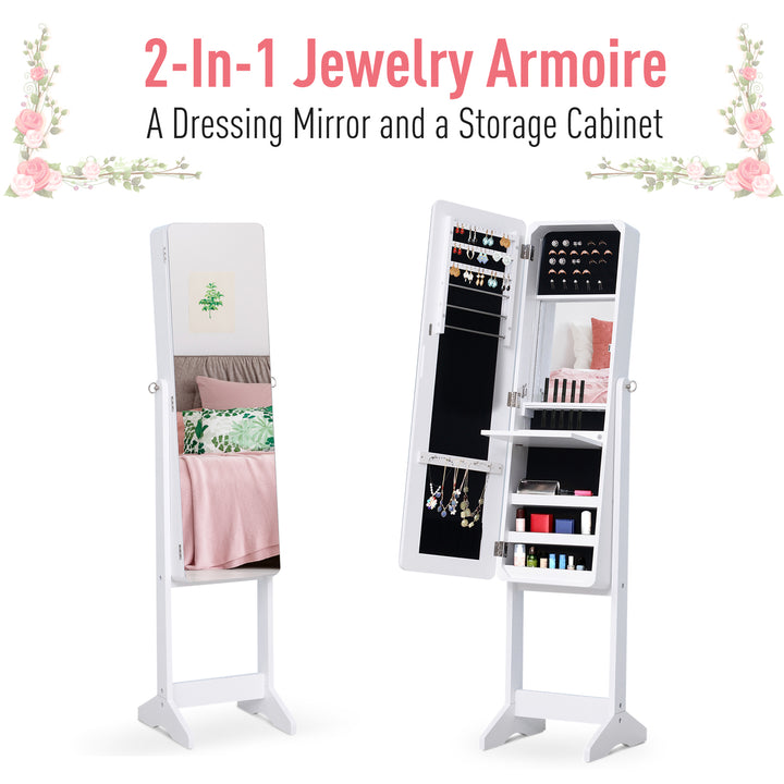 HOMCOM Freestanding Mirror Jewelry Cabinet Armoire, LED Lighted Jewelry Organizer with Stand, Angle Adjustable, White