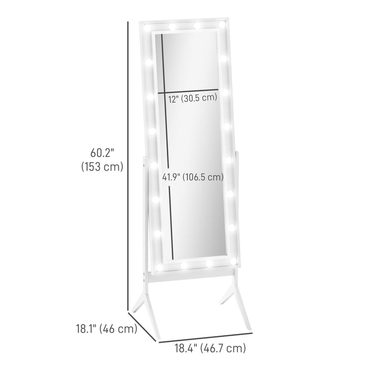 HOMCOM Free Standing Mirror with Lights and Adjustable Angles 60" x 18" Floor Mirror with Frame for Bedroom Living Room, White