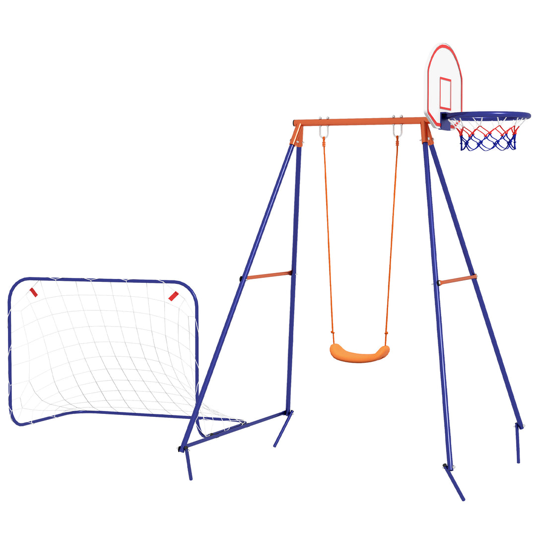 Outsunny Kids Swing Outdoor with Swing Seat, Basketball Hoop and Football Goal, Ground Stakes for 3-8 Years Old