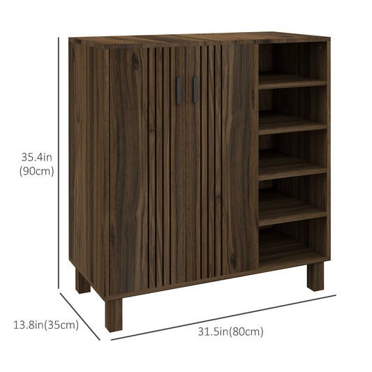 HOMCOM Shoe Storage with Double Doors and Open Shelves 17 Pair Shoe Storage Organizer for Entryway Hallway Walnut