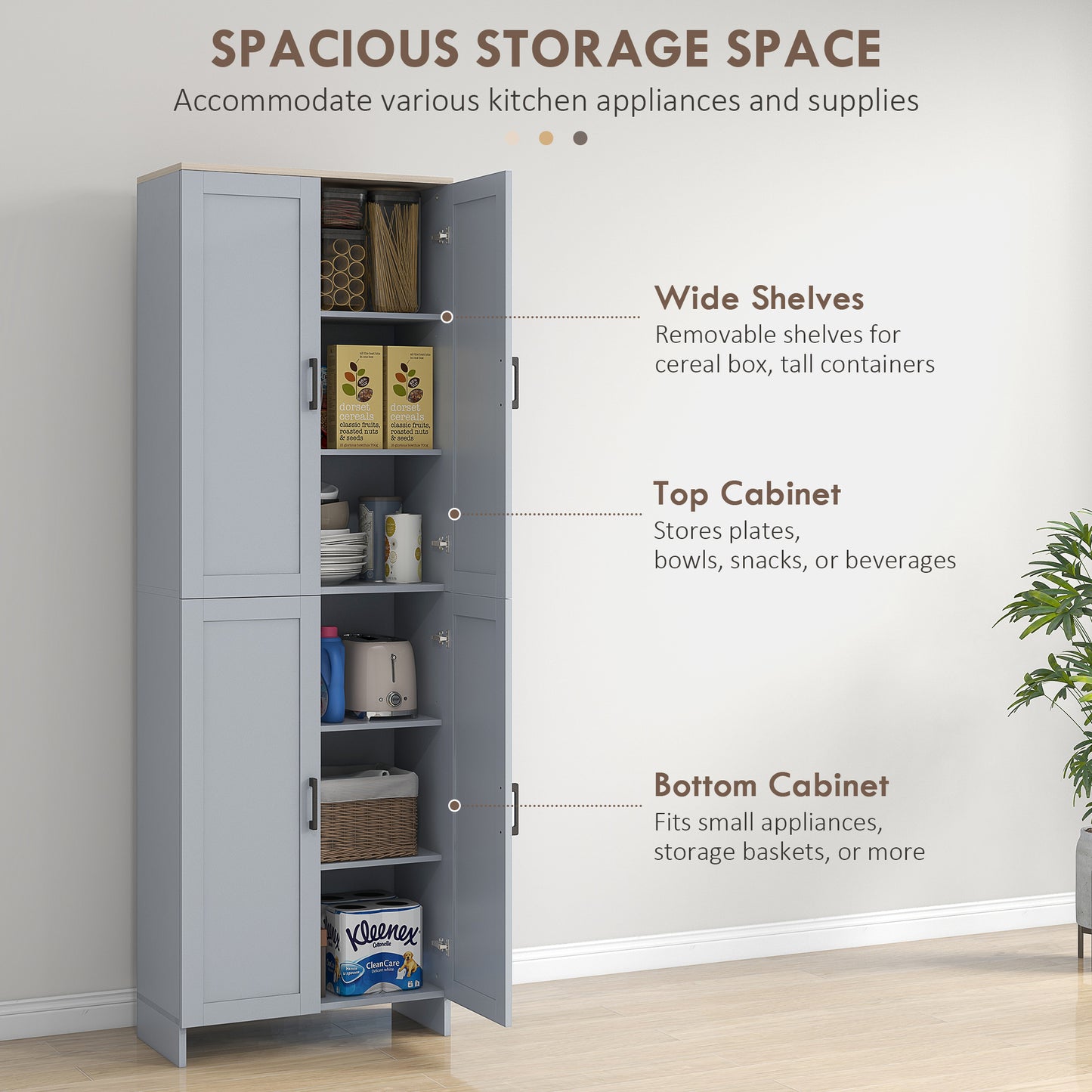 HOMCOM 67" 4-Door Kitchen Pantry Cabinet, Freestanding Storage Cabinet Cupboard with Adjustable Shelves, White