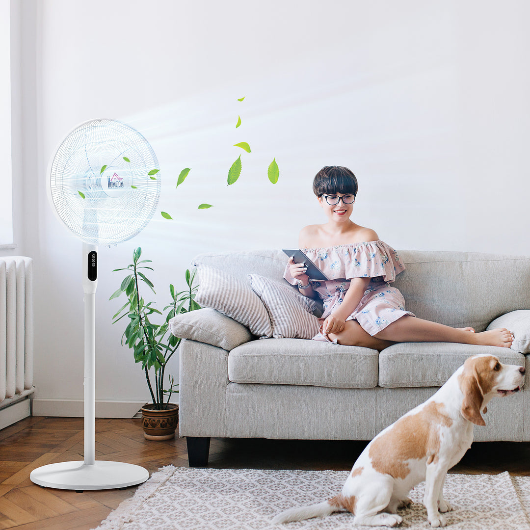 HOMCOM Floor Standing Fan with Remote Control, Oscillating, LED Screen, Stand Up Cooling Fan, Tall Pedestal Electric Fan for Home Bedroom, White