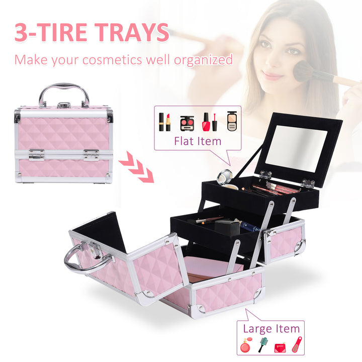 HOMCOM 3 Tier Diamond Texture Makeup Case Train Case Cosmetic Organizer with Mirror, Pink