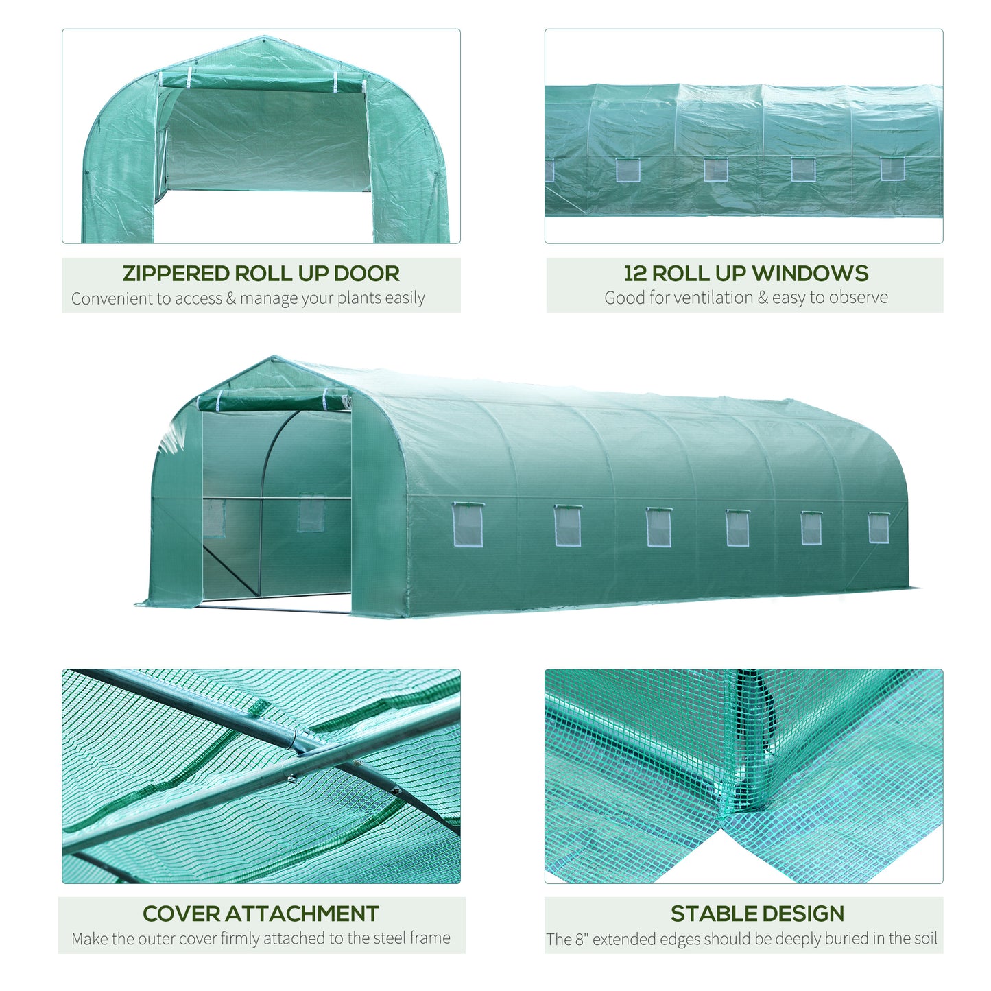 Outsunny 26' x 10' x 7' Large Steeple Walk-in Greenhouse Outdoor Garden Plant Seed Tunnel Grow Tent Steel Frame, Green