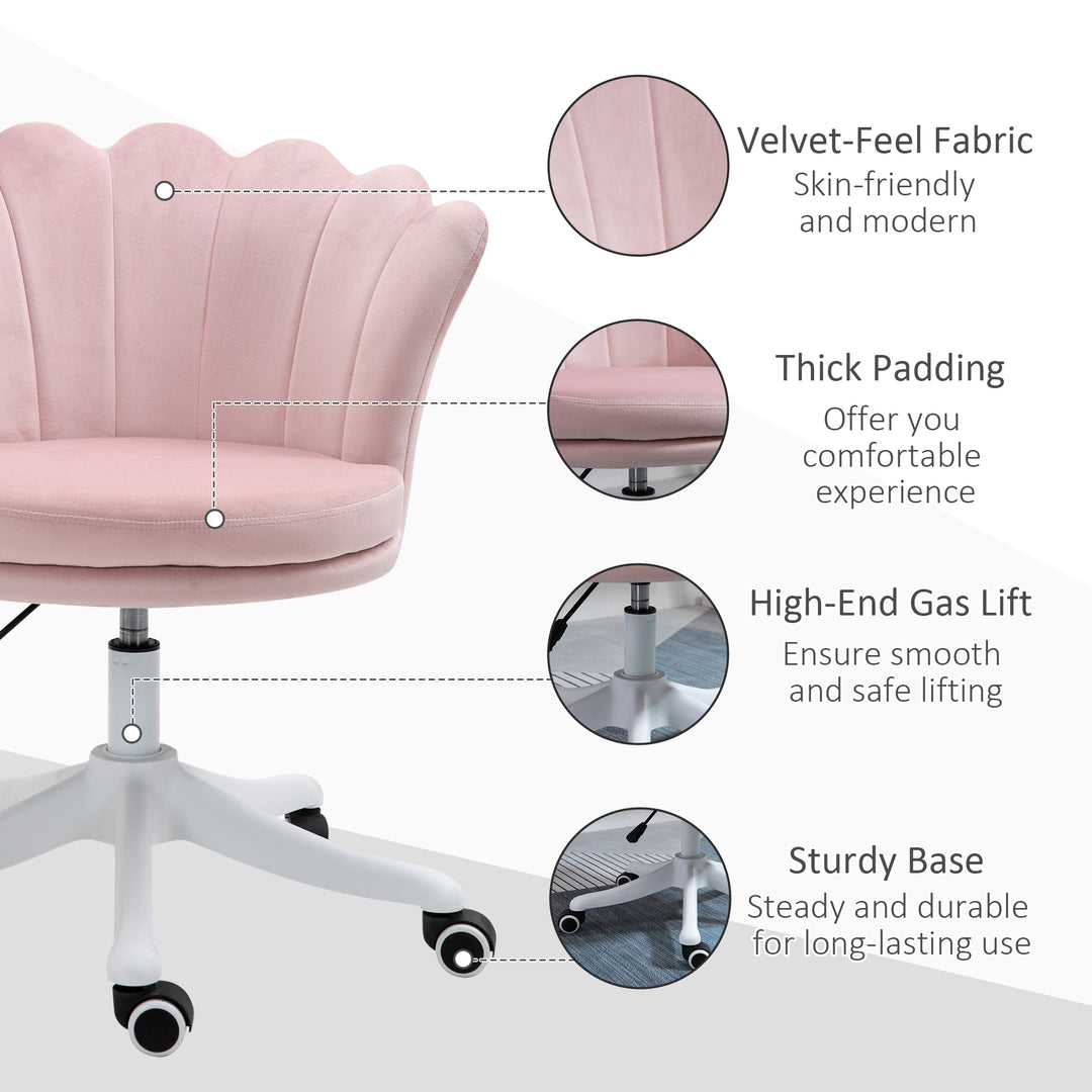 HOMCOM Adjustable Height Study Chair, Mid Back Velvet Office Chair with Swivel Wheels for Living Room, Study, Pink