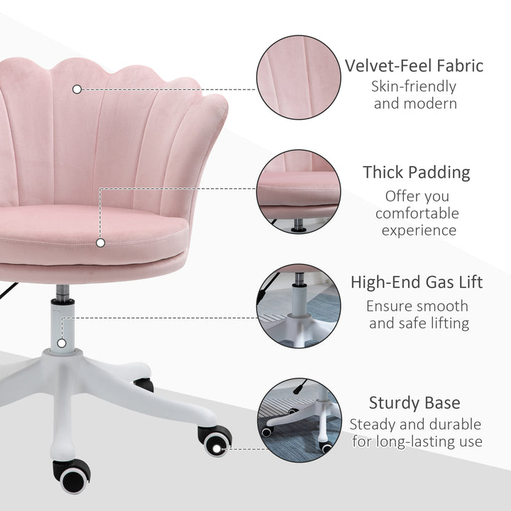 HOMCOM Adjustable Height Study Chair, Mid Back Velvet Office Chair with Swivel Wheels for Living Room, Study, Pink