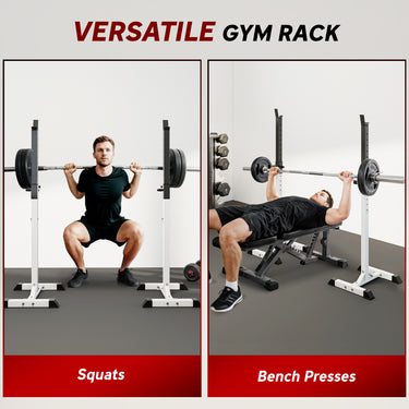 Soozier Adjustable Barbell Rack Stable Power Squat Stand Portable 2 Bars Barbell Holder Weight Rack, Black and White