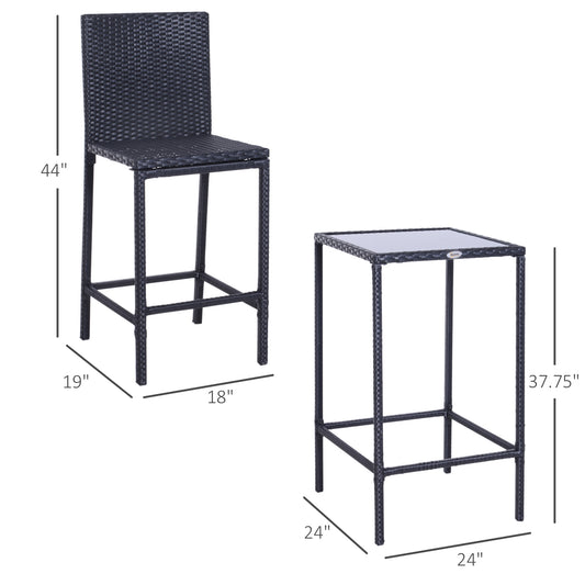 Outsunny 3 Piece Patio Bar Set Wicker Rattan Garden Bistro Set Barstool and Table for Patio Backyard Balcony Poolside, Black