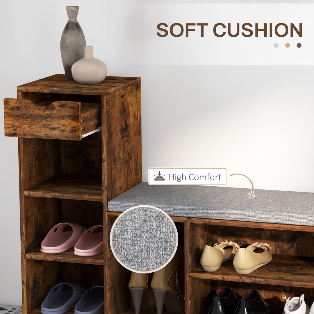 HOMCOM Upholstered Shoe Storage Bench w/ Seat, Entrance Bench w/ Drawer and 6 Open Shelves for Hallway, White